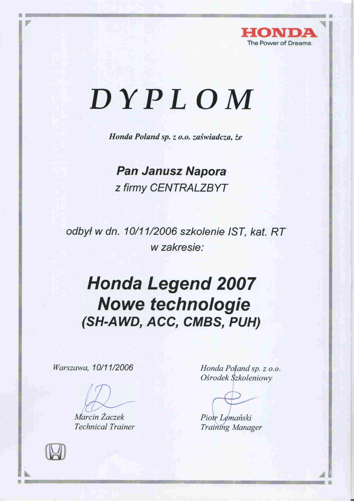 Dyplom - Szkolenie Honda Legend 2007