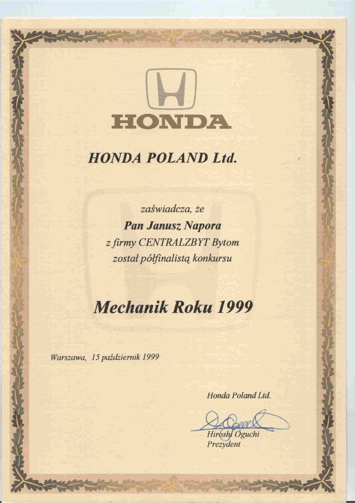 Dyplom - Półfinalista konkursu Mechanik Roku 1999