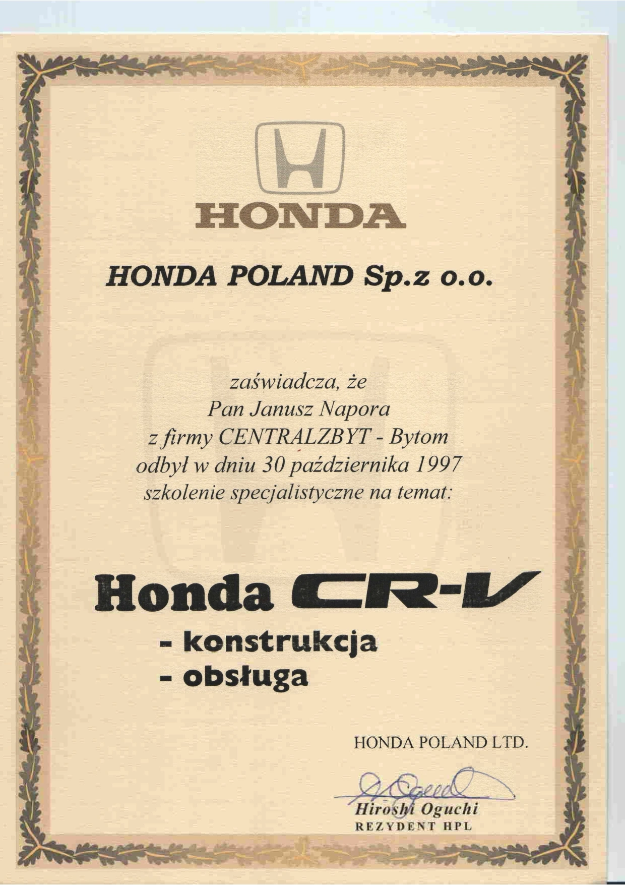 Certifikat - Szkolenie Honda CRV 1997