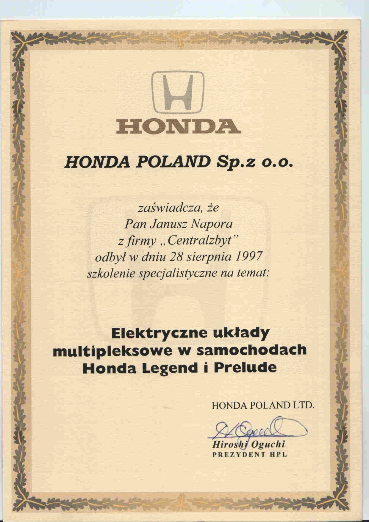 Certifikat - Szkolenie Honda Legend i Prelude 1997