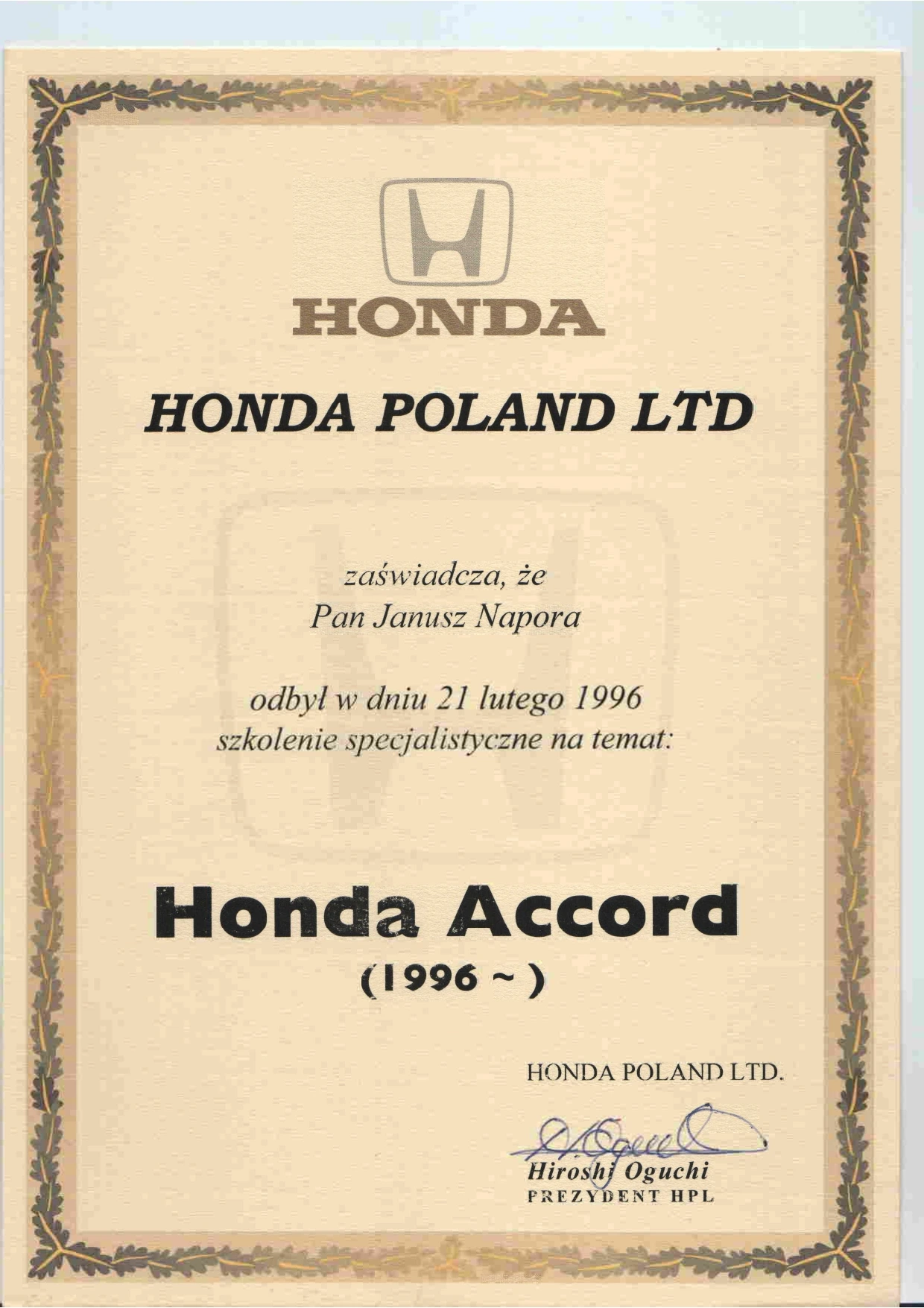 Certifikat - Szkolenie Honda Accrod 1996 ~