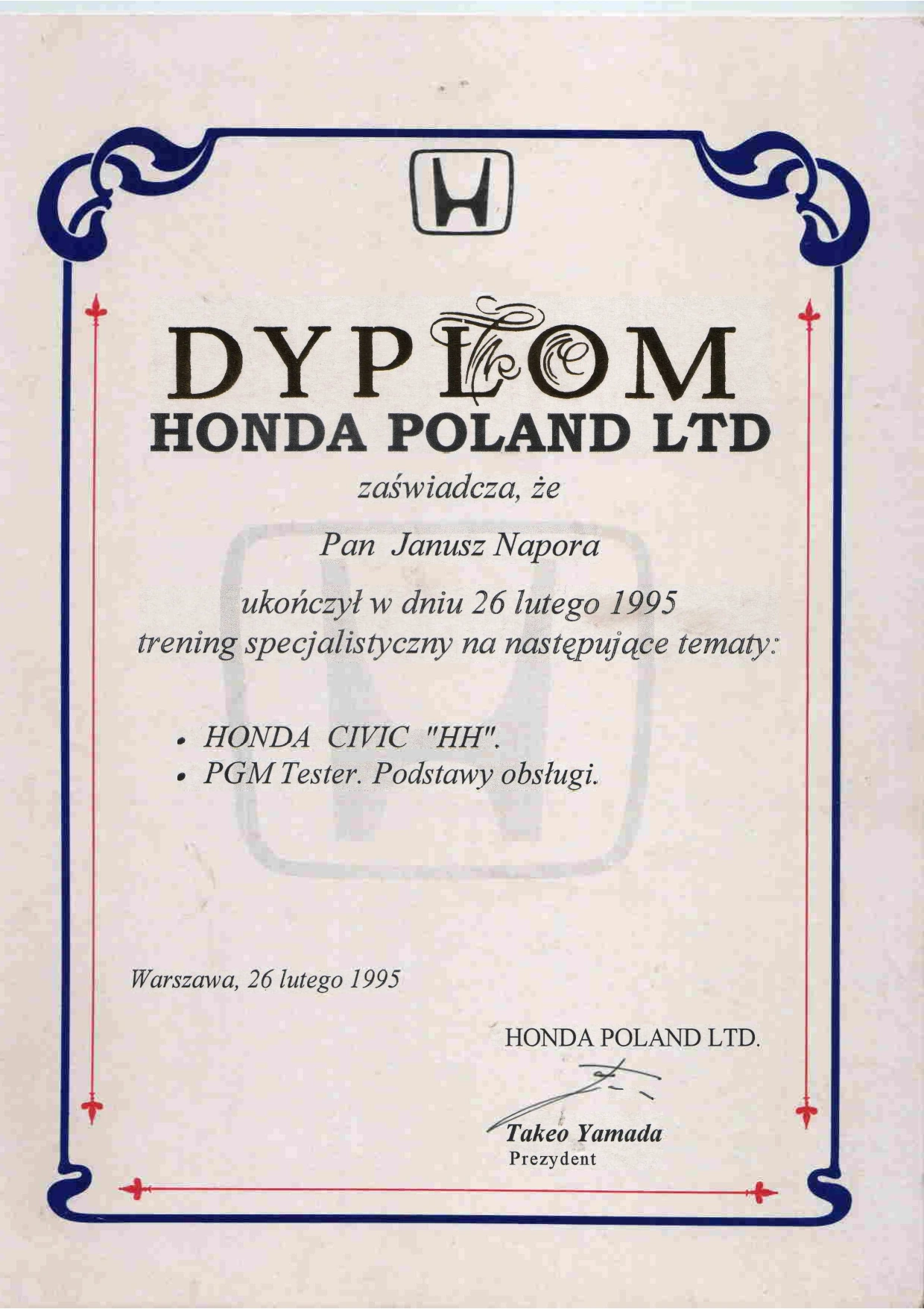 Dyplom - Trening specjalistyczny Honda Civic 'HH' i PGM Tester 1995