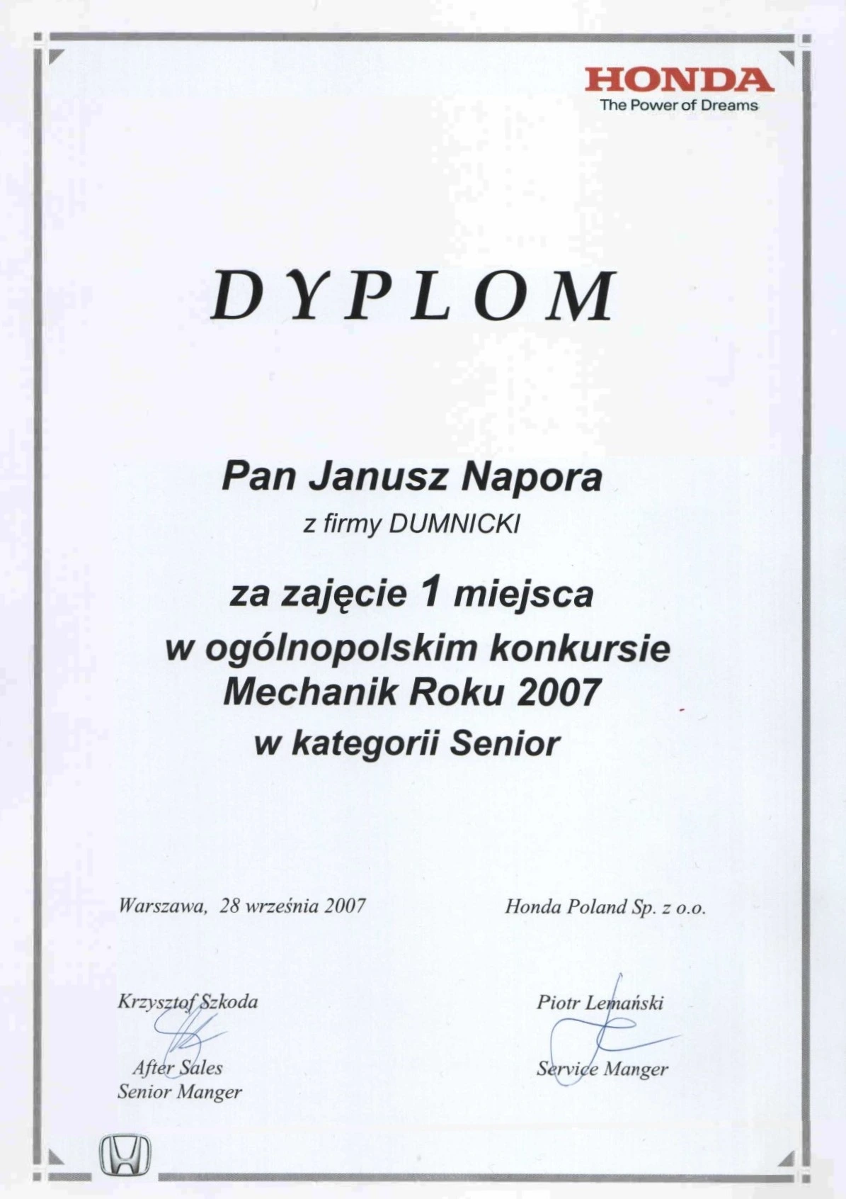 Dyplom 1 miejsce w kategorii Senior - Mechanik Roku 2007