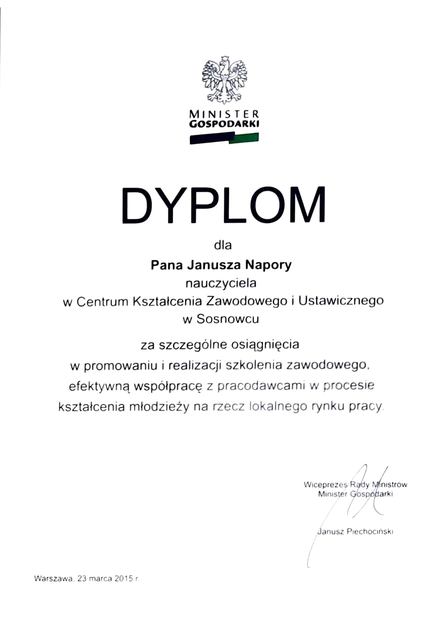 Dyplom - Nagroda Wiceprezesa Rady Ministrów 2015